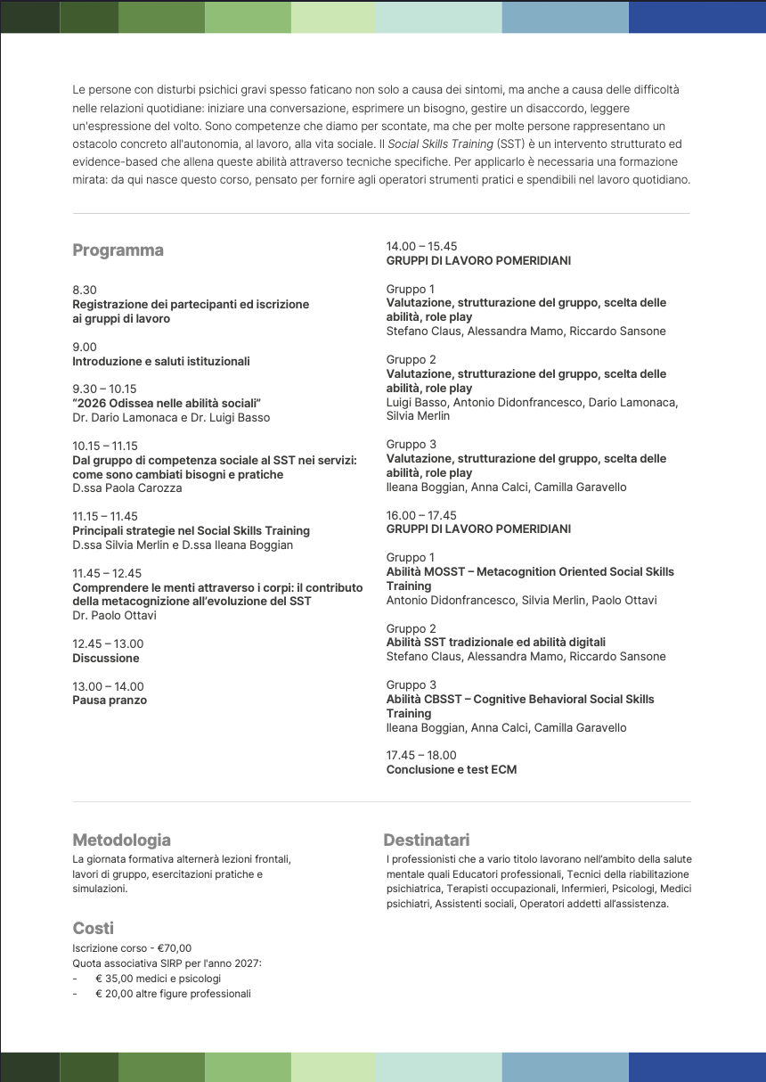 Corso di formazione SIRP Triveneto "Social Skill Training: tradizione e innovazione" - immagine 2